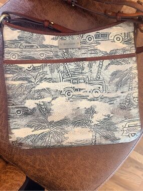 Brahmin Cream & Brown Tropical Car Print Messenger Bag